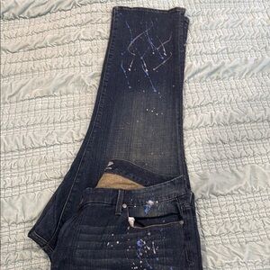 Seven7 Women's Flare Jeans - Dark Blue with Paint Splatter